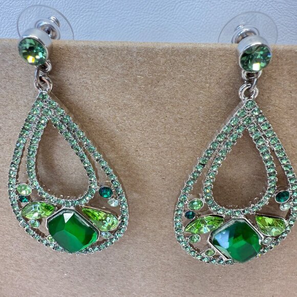 Roberta Chiarella Earrings Teardrop‎ Green Stones Signed Silver Tone Statement - Picture 8 of 10